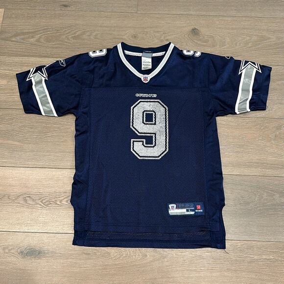 REEBOK NFL Blue Dallas Cowboys V Neck Jersey Romo #9 Shirt Kids Sz Large - Picture 1 of 13
